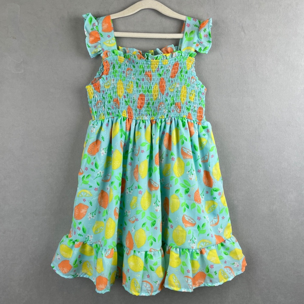 French Connection Girls 4/5 Blue Citrus Lemon Smocked Ruffle Summer Picnic Dress